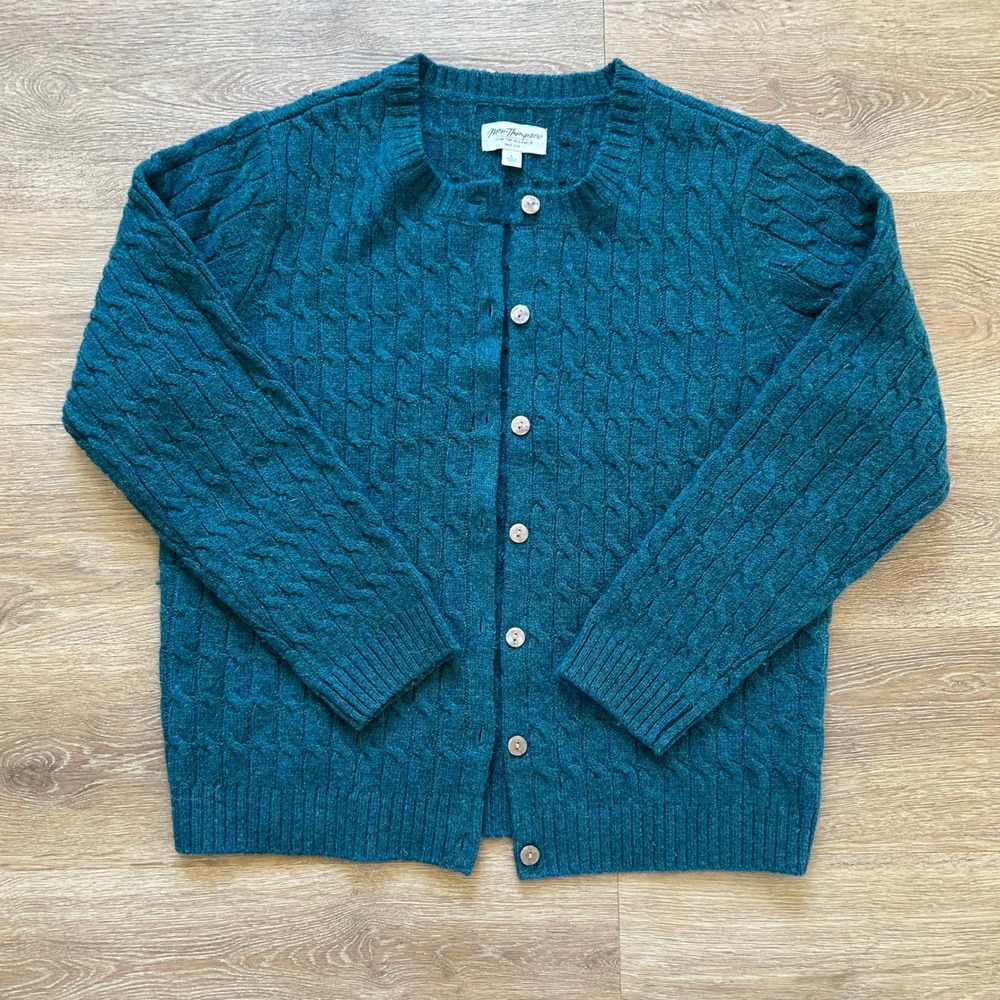 Norm Thompson Womens Teal Blue 100% Wool Cable Knit Cardigan Sweater Size L